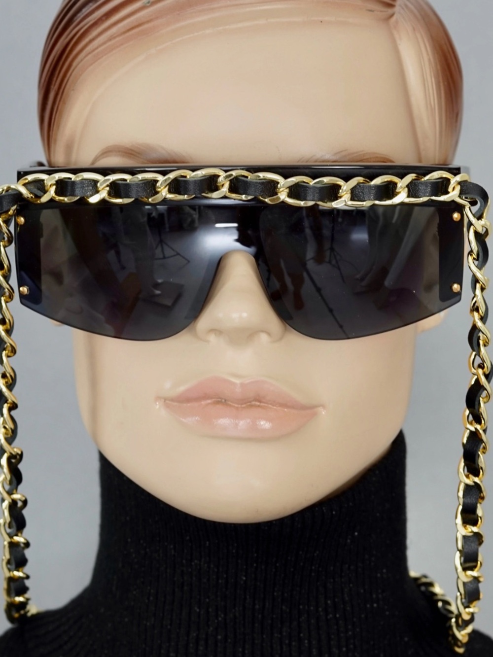 CHANEL Black Shield Sunglasses with Gold Chain Trim